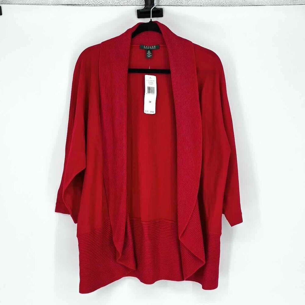 NWT Lauren Ralph Lauren Cherry Red 3/4 Sleeve Open Cardigan - Plus 3X